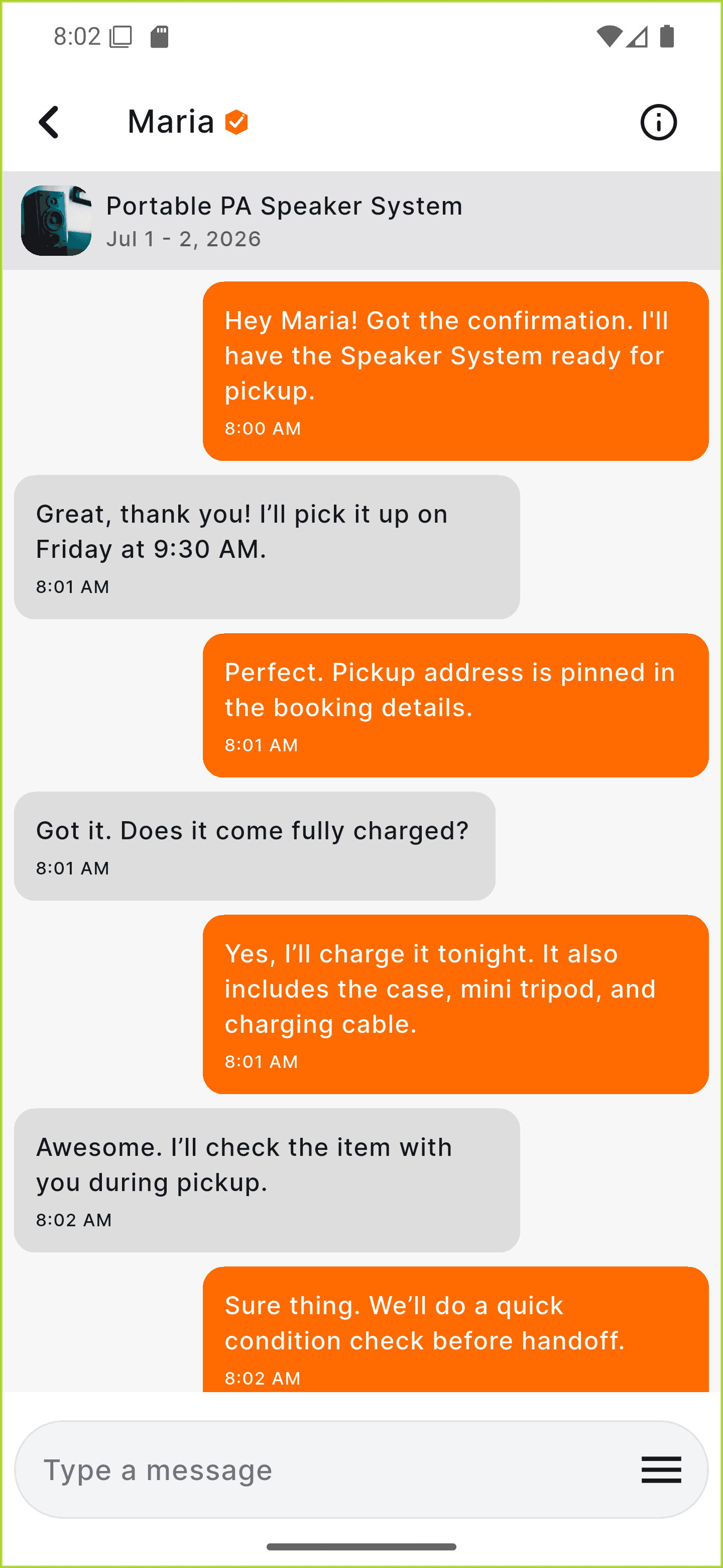 Lend app showing rental coordination messages