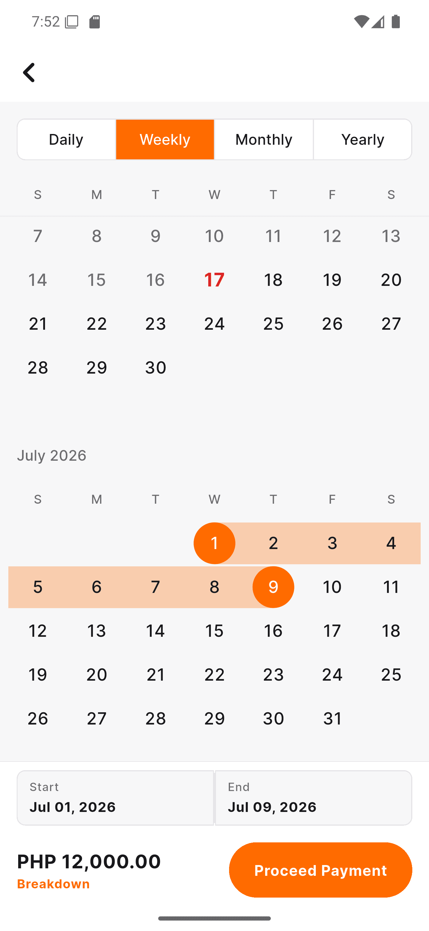 Lend app showing selected rental dates and payment total