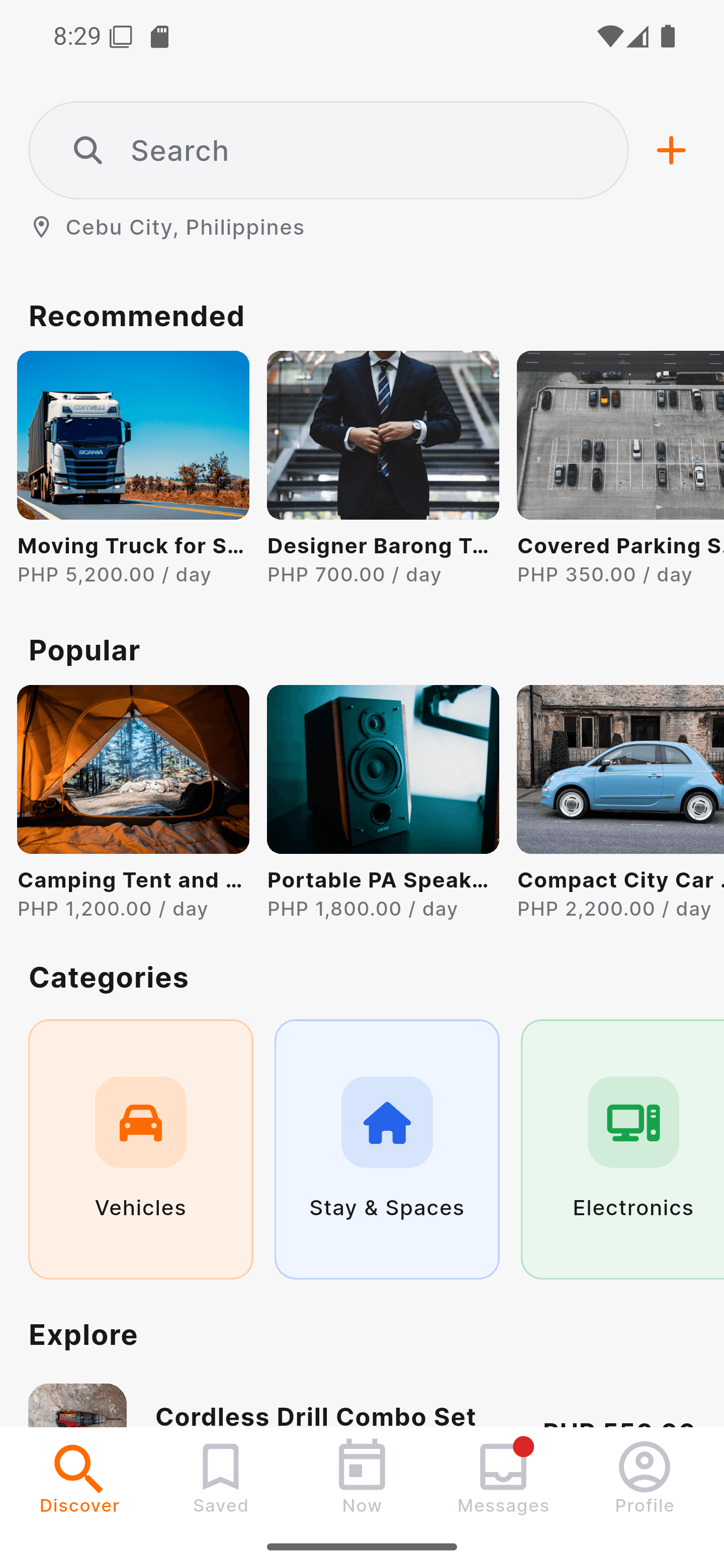 Lend app showing recommended rentals and categories