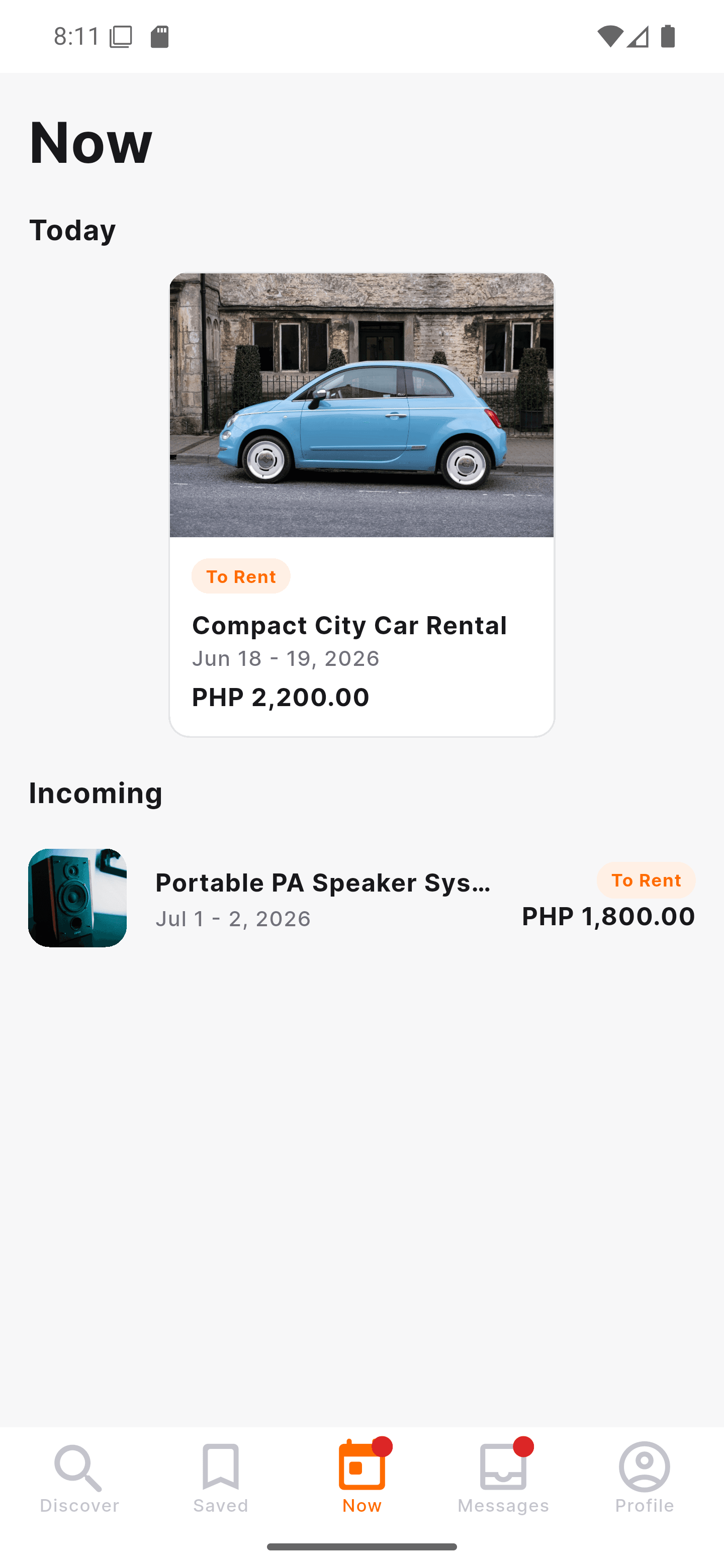Lend app showing current and upcoming rentals